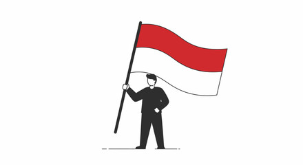 Man proudly waving the Indonesian flag, symbolizing national pride and patriotism in a simple, clean graphic style.