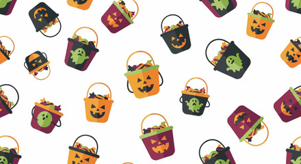 Seamless Halloween Vector Pattern Featuring Trick-or-Treat Buckets on White