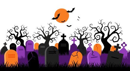 Spooky halloween graveyard scene with silhouettes of tombstones and trees