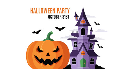 Whimsical Halloween Party Scene with Spooky Mansion and Grinning Pumpkin