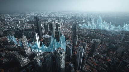 Aerial view of a modern city skyline with digital data overlays, showcasing a blend of urban architecture and technology.
