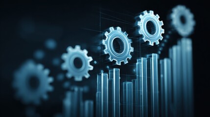 A futuristic graphic depicting gears and a rising bar graph, symbolizing growth and technological advancement.