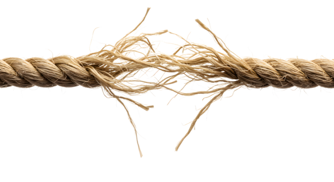 Frrayed rope on the verge of breaking symbolizing pressure, stress, fragility and vulnerability