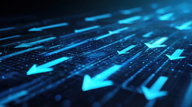 A dynamic, abstract image featuring bright blue arrows moving forward on a digital grid background, symbolizing progress and technology.