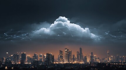 A futuristic city skyline illuminated at night, with dramatic clouds and a network of lines suggesting connectivity and technology.