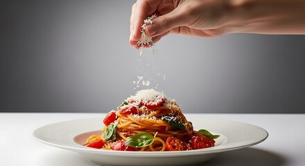 Close up of hand sprinkling grated cheese over delicious spaghetti dish