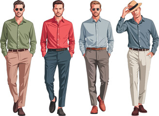 Four Stylish Men In Casual Summer Fashion Outfits Standing Together males adults