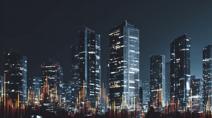 A futuristic city skyline illuminated at night, showcasing tall skyscrapers and vibrant light patterns against a dark background.