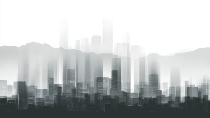 Naklejka premium A monochromatic urban skyline with blurred buildings and mountains in the background, creating a dreamy, ethereal atmosphere.