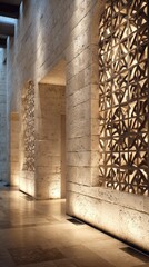 Elegant, modern hotel lobby with light-filled patterned wall niches