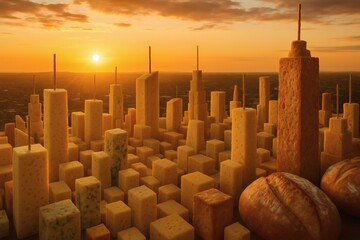 futuristic city skyline made entirely from different types of gourmet cheeses and bread