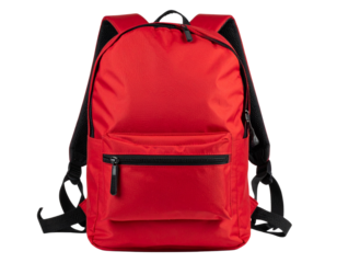 Vibrant Red Backpack with Black Accents, front view, isolated on transparent background PNG
