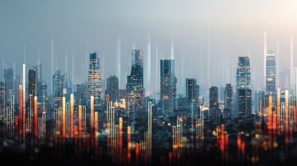 A futuristic city skyline with towering buildings and a digital overlay, representing urban development and technological advancement.