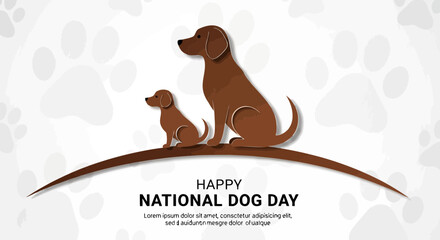 Vector art of happy national dog day greeting with two brown dogs, one adult and one puppy, sitting on a curved line with paw prints in the background, isolated on white background