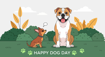 Vector art of happy dog day illustration featuring a large, friendly dog and a small chihuahua sitting in a park with bushes and plants, celebrating canine companionship and joy