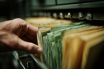 Man's hand searching through file folders in an office cabinet for data analysis, concept for records management, archive organization and business administration