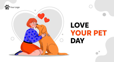 Vector art of a woman affectionately kissing her golden retriever dog on national love your pet day, celebrating the special bond between humans and their animal companions with a heartwarming illustr