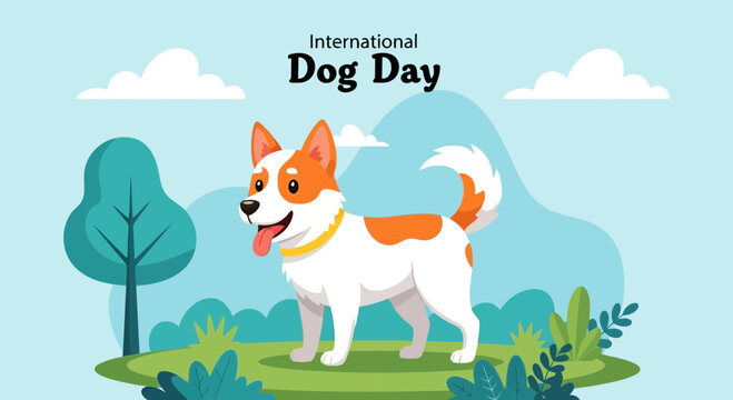 Vector art of happy dog celebrating international dog day outdoors in a park with trees and clouds, illustration vector graphic design - Powered by Adobe