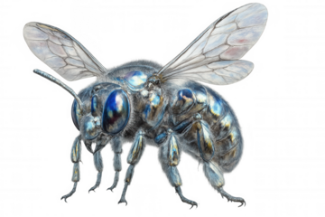 Metallic blue bee hovering, transparent background presenting sleek graphic element for versatile design integration