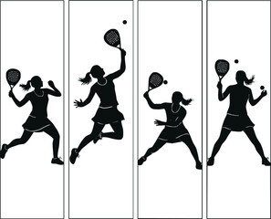 A collection of four black silhouettes of a female padel player in various dynamic action poses.