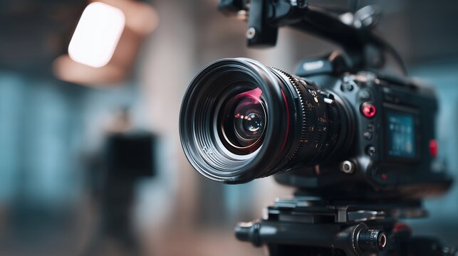 Professional digital cinema camera with lens on tripod in a studio setting, concept for film production, documentary filmmaking and cinematic visual storytelling