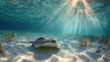 Underwater stingray sunlight coral reef