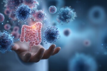 Human hand holding intestine model surrounded by virus illustration on blue background, concept for gut health research, digestive system education and medical visualization