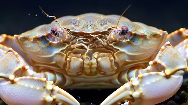 Frontal close-up of a light-colored crab with prominent eyes, showcasing its intricate shell details underwater.