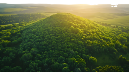 Lush green rolling hills bathed in warm golden hour sunlight, an expansive natural landscape.