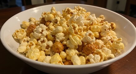 ​A close-up of a white bowl filled with a delicious mix of light and fluffy popcorn and rich caramel popcorn, resting on a dark wooden table.