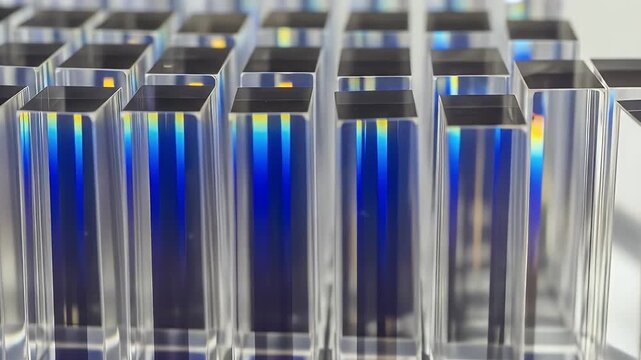 Rectangular glass prisms with iridescent blue and yellow bands
