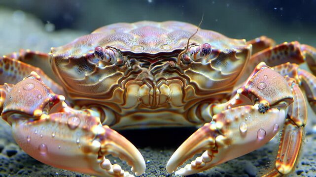Detailed close-up of a marine crab on the sandy ocean floor, highlighting its intricate shell patterns and strong claws.