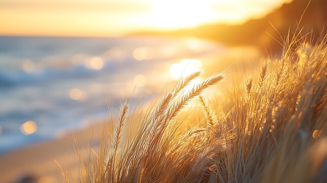 Tranquil Beach at Sunrise or Sunset: Golden Grasses (Feathery Texture), Blue-Gray Ocean (Light Bokeh), Golden Sky & Distant Horizon, Light-Texture Interaction