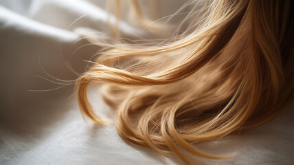 Naklejka premium Close-Up of Flowing Blonde Hair Strands in Soft Natural Light