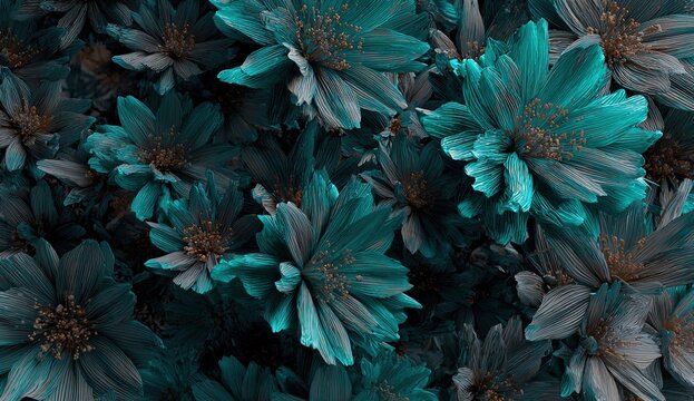 Generative AI, Close up of blooming flowerbeds of amazing teal flowers on dark moody floral textured background. Photorealistic effect. High quality