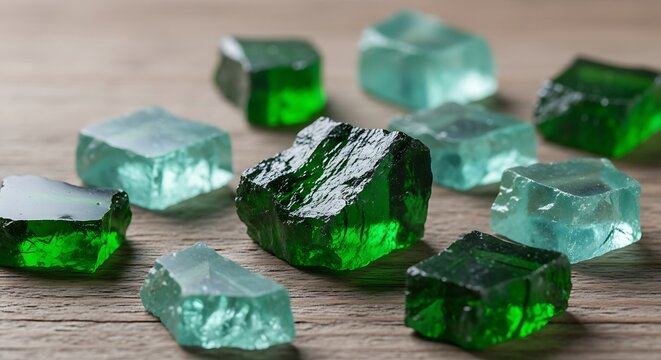 Close-up shot of raw green and blue crystals scattered on a wooden surface