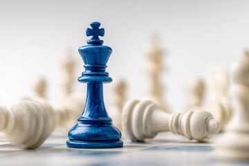 A vibrant blue king chess piece stands prominently among fallen white pieces on a chessboard, concept for leadership skills, strategic planning and competitive advantage