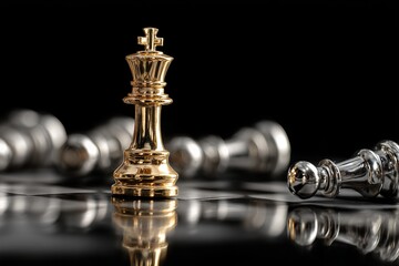 Golden chess king stands tall among fallen silver pawns on a reflective chessboard, concept for strategic planning, business leadership and competitive advantage