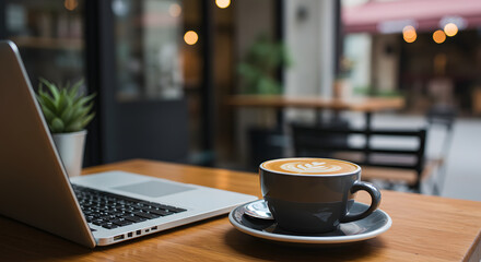 Cozy coffee shop workspace with latte art, laptop and potted plant on wooden table, modern cafe interior for remote work and freelancing