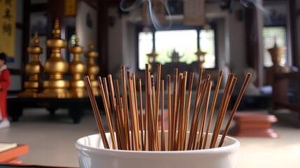 Traditional brown incense sticks burn hot in a white bowl, offering a spiritual aroma in a Buddhist temple