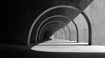 Empty concrete arch tunnel, sunlight, perspective