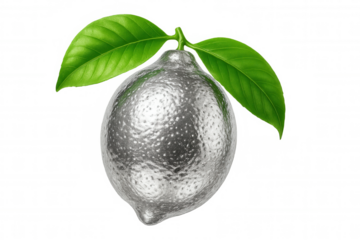 Silver lemon with green leaves, creating a unique and visually striking image on a transparent background