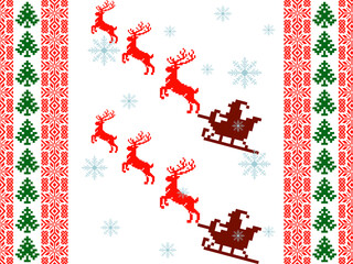 Christmas seamless pixel art pattern with christmas tree, deer, snow, rabbit, house.