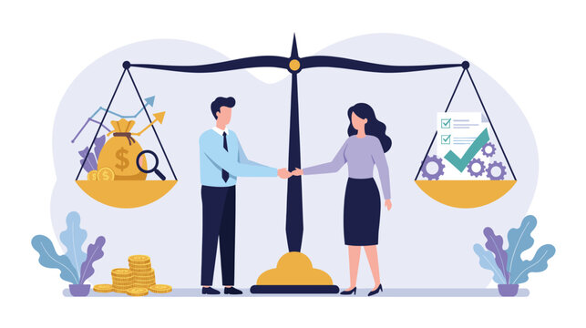 An illustration of a man and a woman shaking hands in front of a balanced scale, with one side holding money and growth symbols, and the other side holding documents, checkmarks, and gears, representi