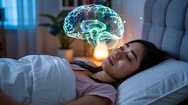 Young woman sleeping peacefully in bed with a glowing illuminated brain visualization hovering above her head representing dreams and thoughts