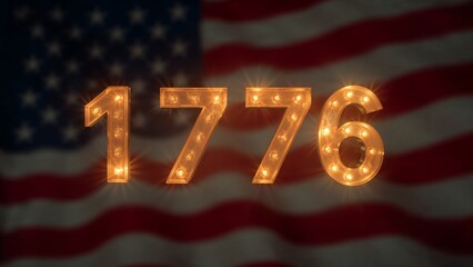 Displaying marquee-style numerals 1776 glowing on digital display, with American flag backdrop