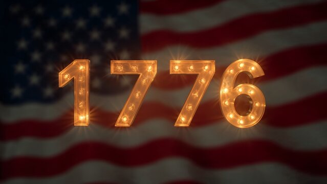 Displaying marquee-style numerals 1776 glowing on digital display, with American flag backdrop - Powered by Adobe