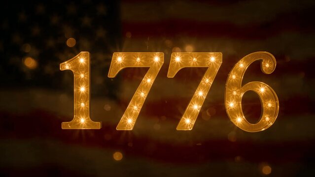 Illuminating golden marquee numbers 1776 glowing on dark stage, showing bokeh light orbs - Powered by Adobe