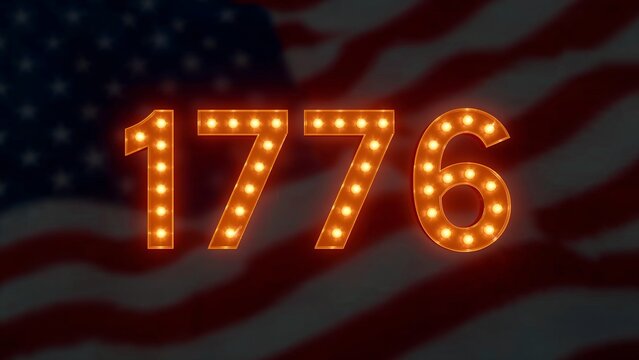 Glowing marquee-style digits 1776 illuminating studio backdrop, featuring blurred American flag - Powered by Adobe
