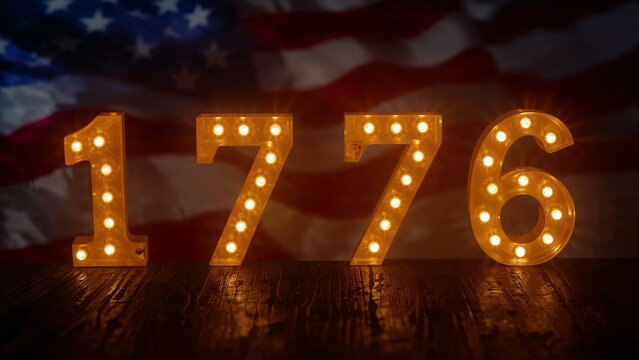 Illuminating marquee number signs forming 1776 on dark wood tabletop, with patriotic flag backdrop - Powered by Adobe